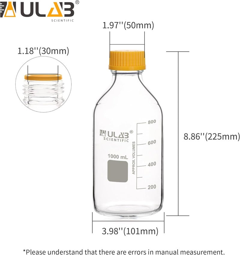 ULAB Round Media Storage Bottle, Vol.1000ml(33.8oz) 3.3 Borosilicate Glass Bottles with GL45 Screw Cap, Pack of 2, URB1040 - Image 5